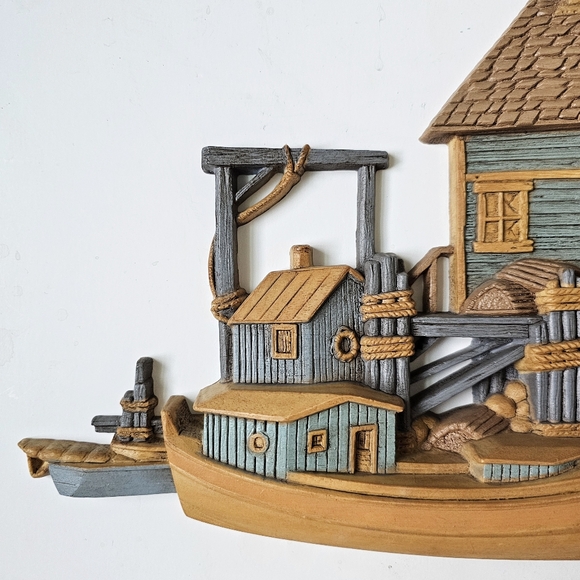 Pair of 1970's Burwood 3D Wall Hanging Seaside Vtg Set Fishing Wharf Boat Dock - Picture 6 of 16
